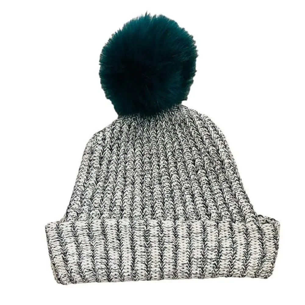 Love Your Melon Chunky Knit Black White Dark Green Pom Pom Beanie